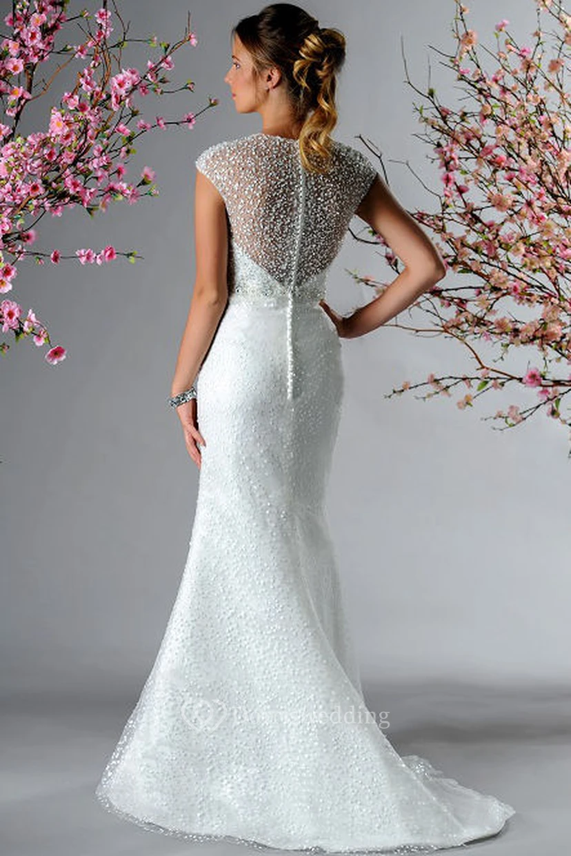 Cap Sleeve Sequined Mermaid Bridal Gown With Beading Waist view 2