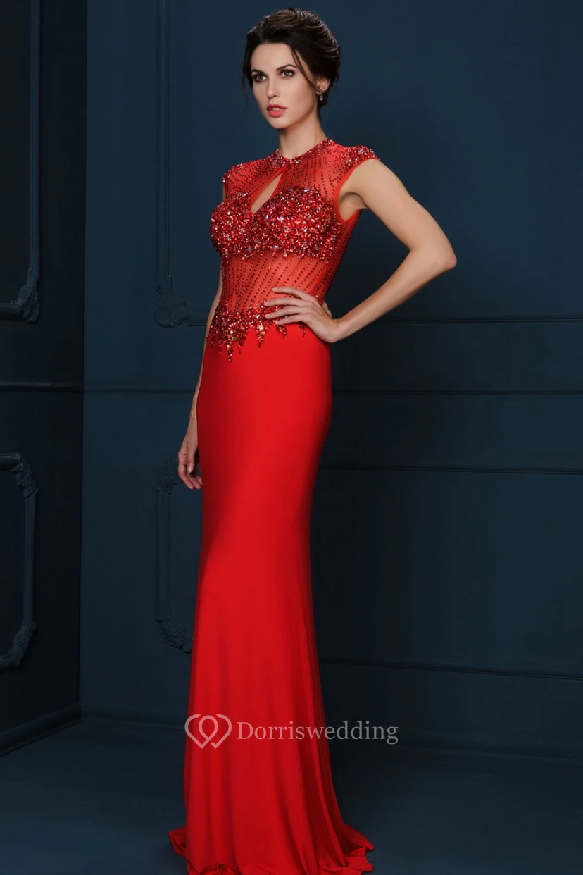 Sheath Floor-Length Crystal Cap-Sleeve Jewel-Neck Jersey Evening Dress