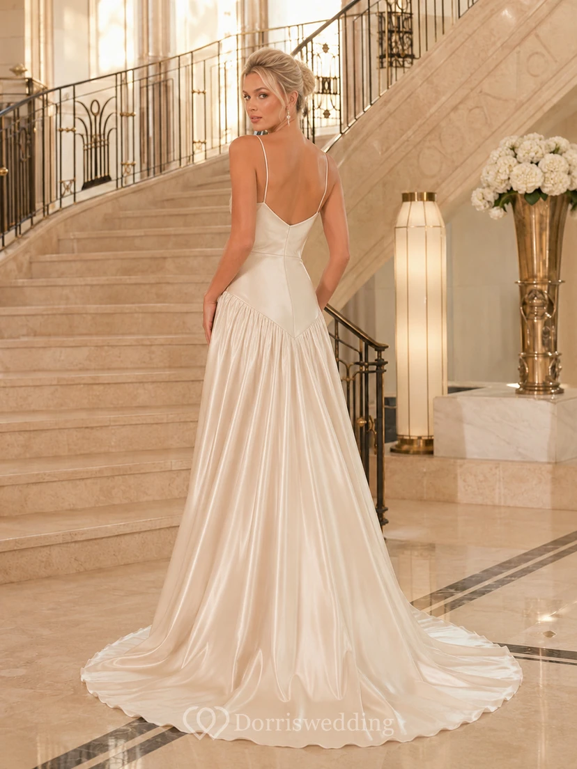 Brautkleid aus Satin mit Wasserfallausschnitt und tiefer Taille, bodenlang view 2