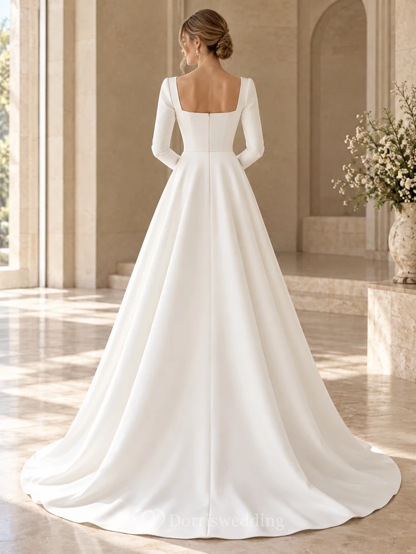 Simple Square Neck Long Sleeve Satin A-Line Wedding Dress view 2