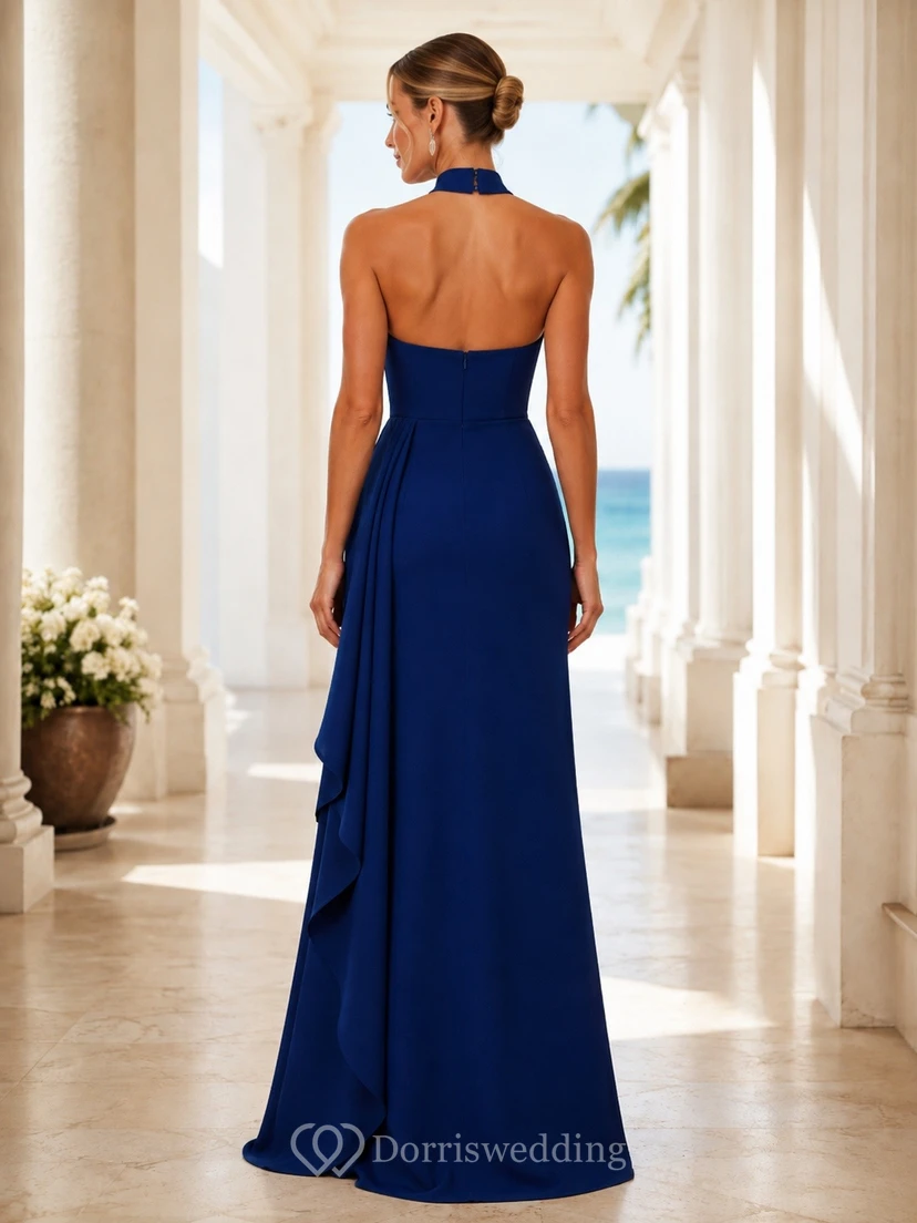 Royal Blue Halter Satin Slit Evening Gown Classic view 2