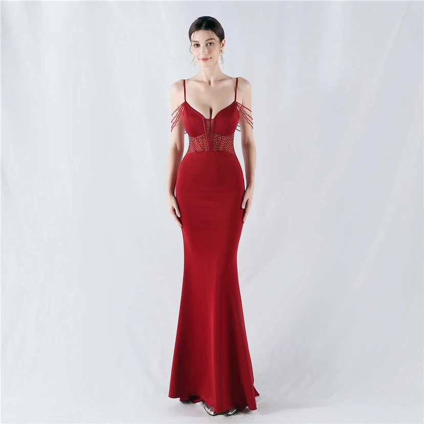 Vestido de noche con cintura de espiga, bordado de diamantes de imitación, ideal para banquetes y presentaciones. view 10