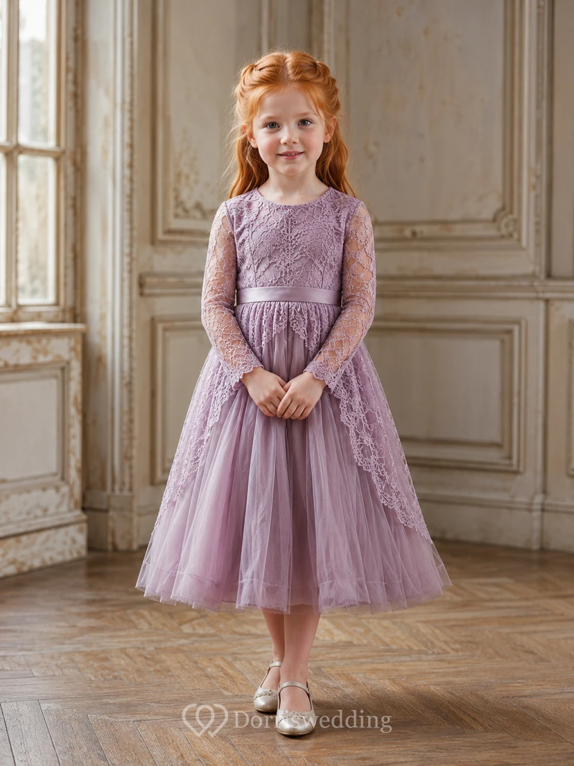 Flower Girl Dress Lavender Lace Tulle A-Line Long Sleeve Jewel Neck Tea Length
