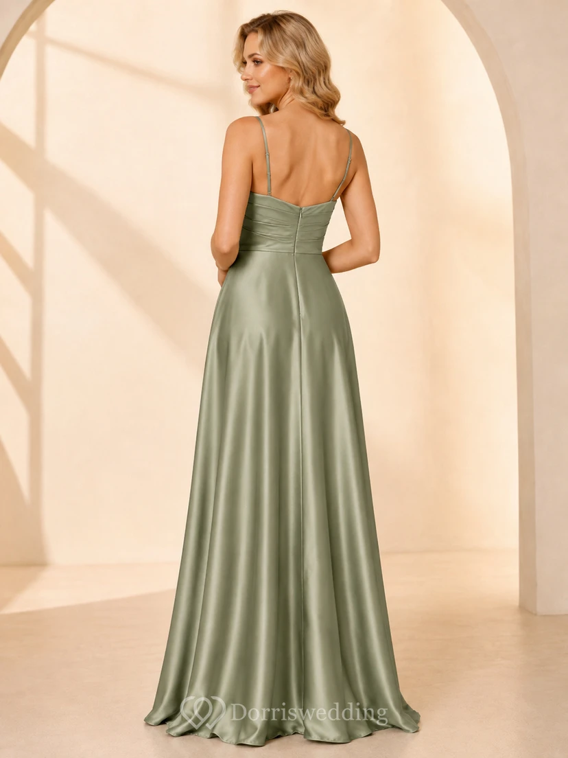 Celadon Spaghetti Sweetheart Low-V Pleated Satin Romantic Bridesmaid Gown Reception view 2