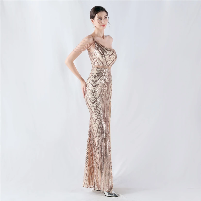 Positioning Flower Beaded Craft Beaded One-Shoulder Oblique Collar High Slit Evening Dress view 55