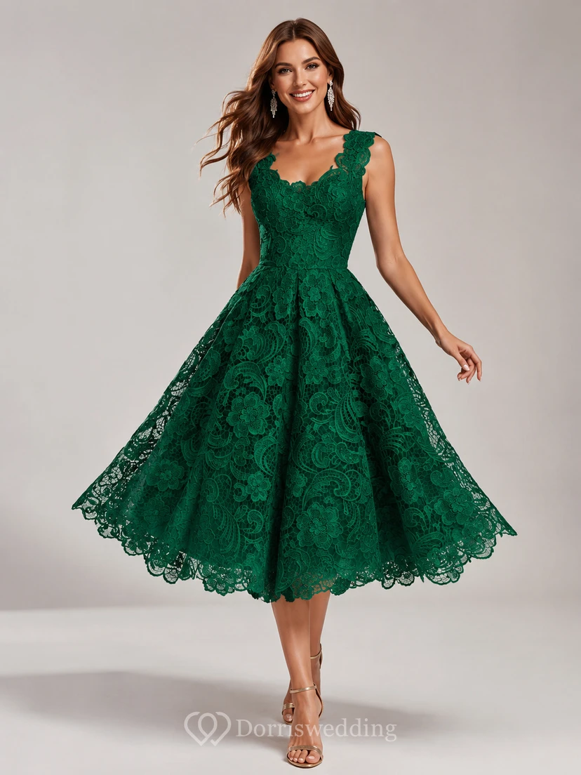Low V Neckline A-line Knee Length Lace Dress view 3