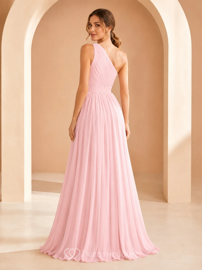 Rosafarbenes, schulterfreies Chiffon-Abendkleid in A-Linie, schlicht und bodenlang, für Damen view 2