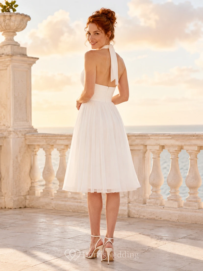 Lace Edged Halter Ivory A-Line Tea-length Sleeveless Chiffon Romantic Vintage Cocktail Guest Garden Dress view 2