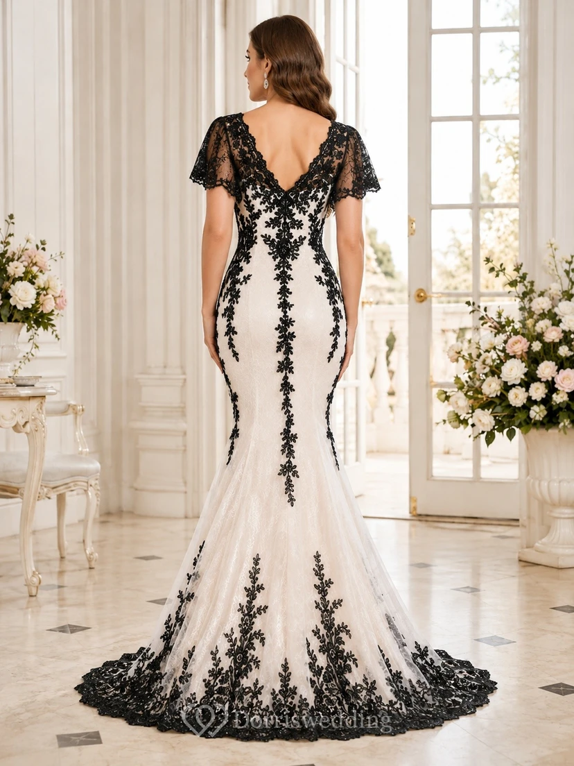 Vestido de noche largo hasta el suelo, estilo sirena, de manga corta, encaje blanco fluido y tul con escote corazón. view 2