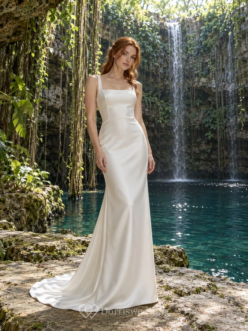 Schlichtes Meerjungfrauen-Brautkleid aus Satin mit eckigem Ausschnitt, breiten Trägern und Schleppe