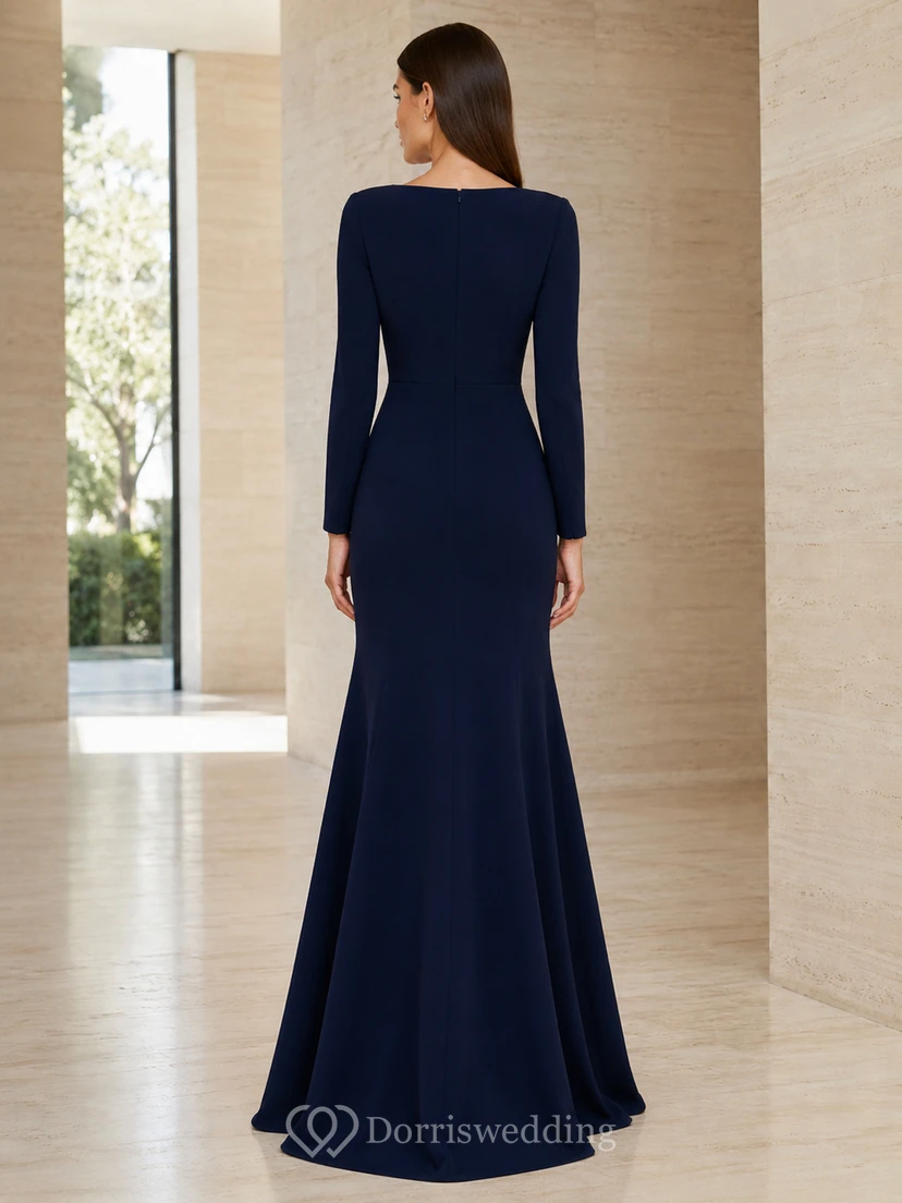 Dark Navy Long Sleeve Crepe Fit And Flare Formal Dress view 2