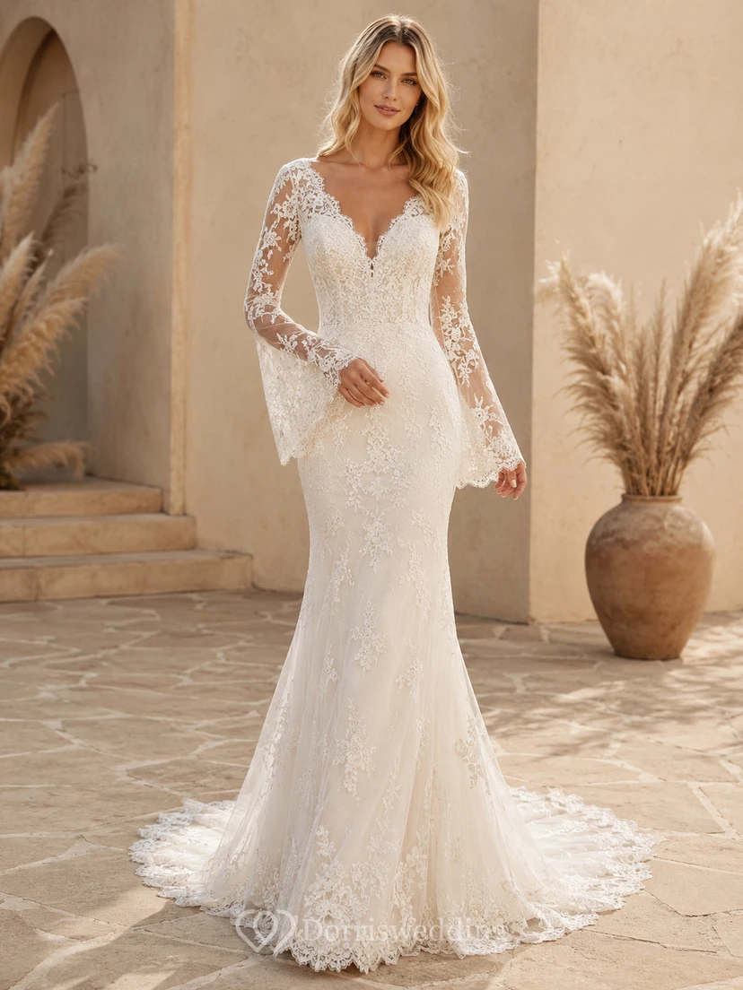 Robe de mariée modeste en dentelle et tulle, coupe sirène, col rond, manches longues et traîne chapelle.