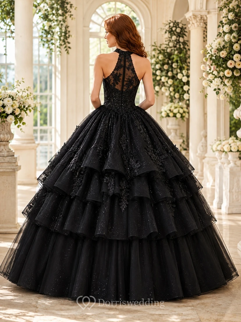 Black Quinceanera Tiered Ball Gown Halter Lace Sleeveless Floor-length Romantic Dress view 2