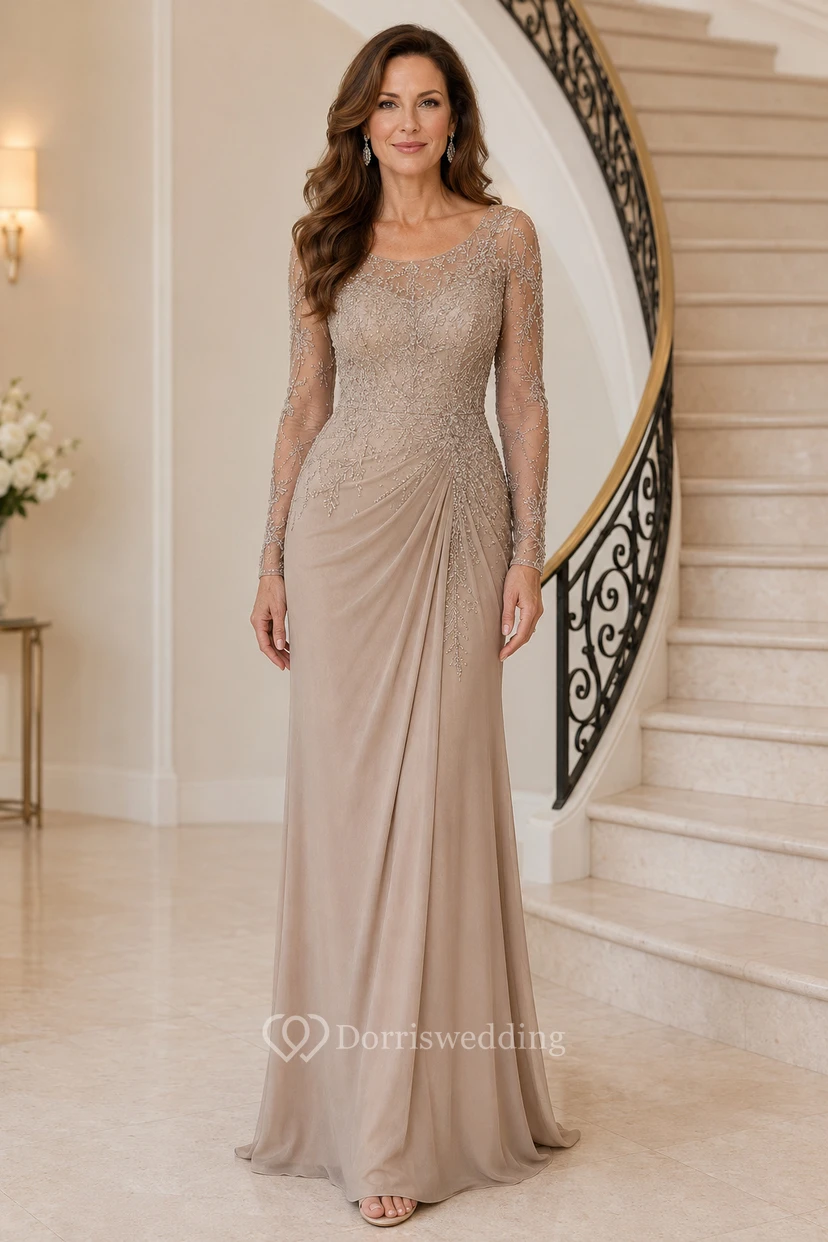 Robe fourreau en dentelle illusion champagne avec drapé latéral
