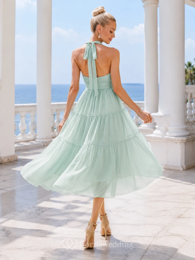 Mint Chiffon Halter Tiered A-line Tea-length Midi Dress view 2