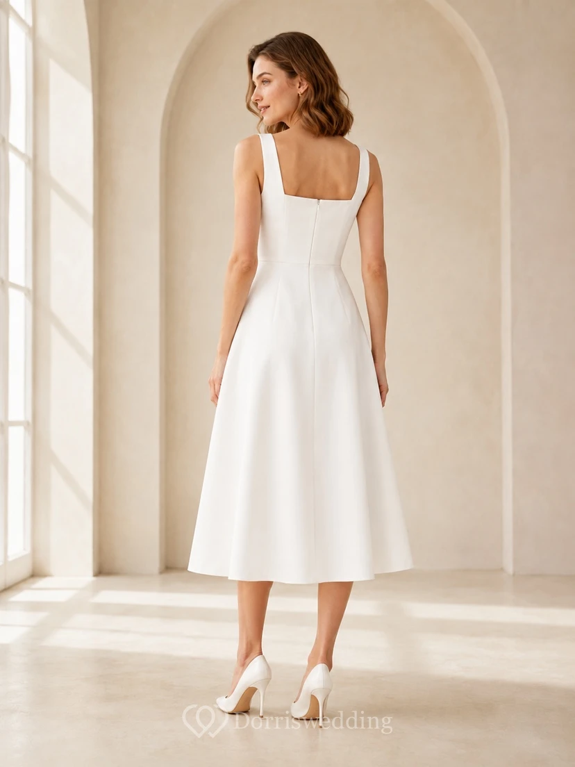 Simple Tea-Length Square Neck Sleeveless Satin A-Line Civil Bridal Wedding Dress view 2