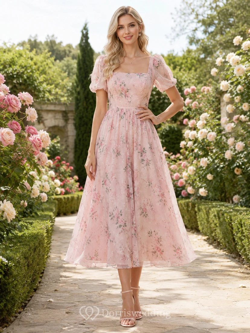 Romantisches Chiffon-Gästekleid in Rosé-Rosé-Optik, A-Linie, Teelänge, eckig, Kurzarm