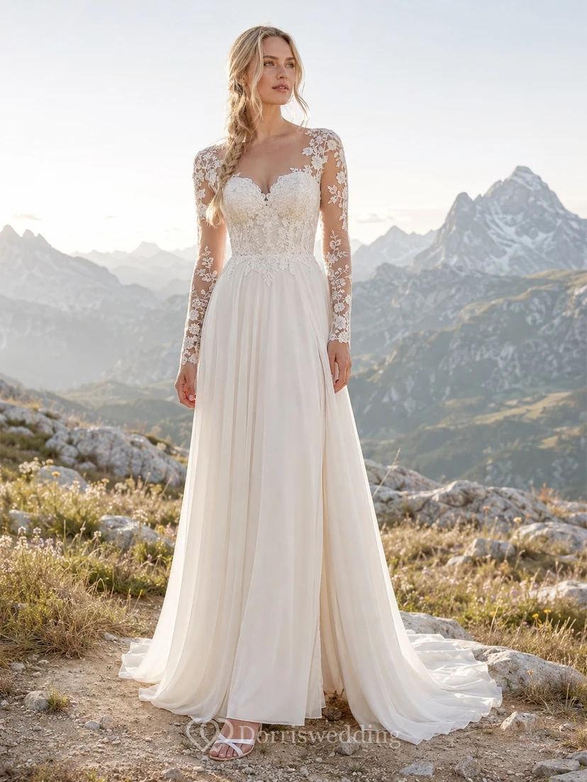 Spitzenkleid in A-Linie, V-Ausschnitt, lange Ärmel, Illusion-Effekt, schwungvoller Bohème-Stil