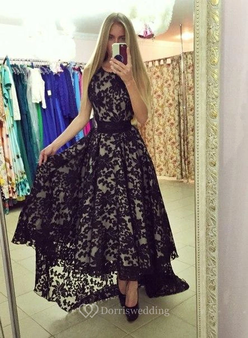 Modern Jewel Sleeveless Lace Prom Dress Sweep Train