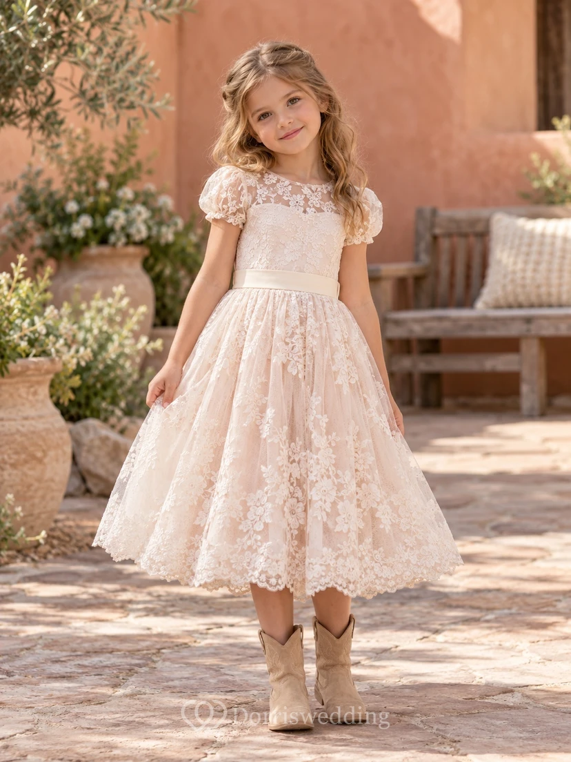 Country Blushing Pink Puff Sleeve Lace Flower Girl Dress