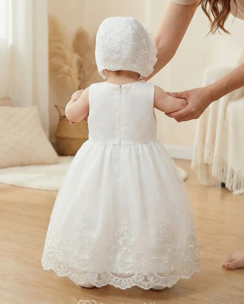 Weißes Taufkleid für Blumenmädchen, langärmelig, mit Spitze und Schleife view 2