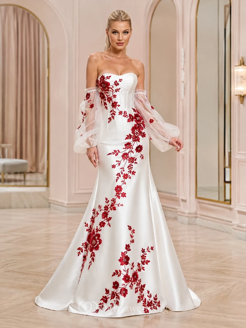 Rotes, geblümtes, langärmeliges, schulterfreies Brautkleid im Meerjungfrauenstil aus Satin mit Herzausschnitt und Satinausschnitt