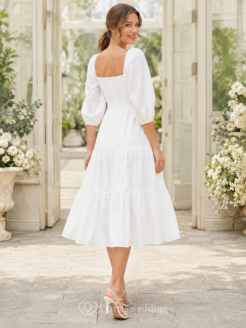 Weißes Cocktailkleid mit eckigem Ausschnitt, A-Linie, Spitze, Stufenärmeln und Puffärmeln view 2