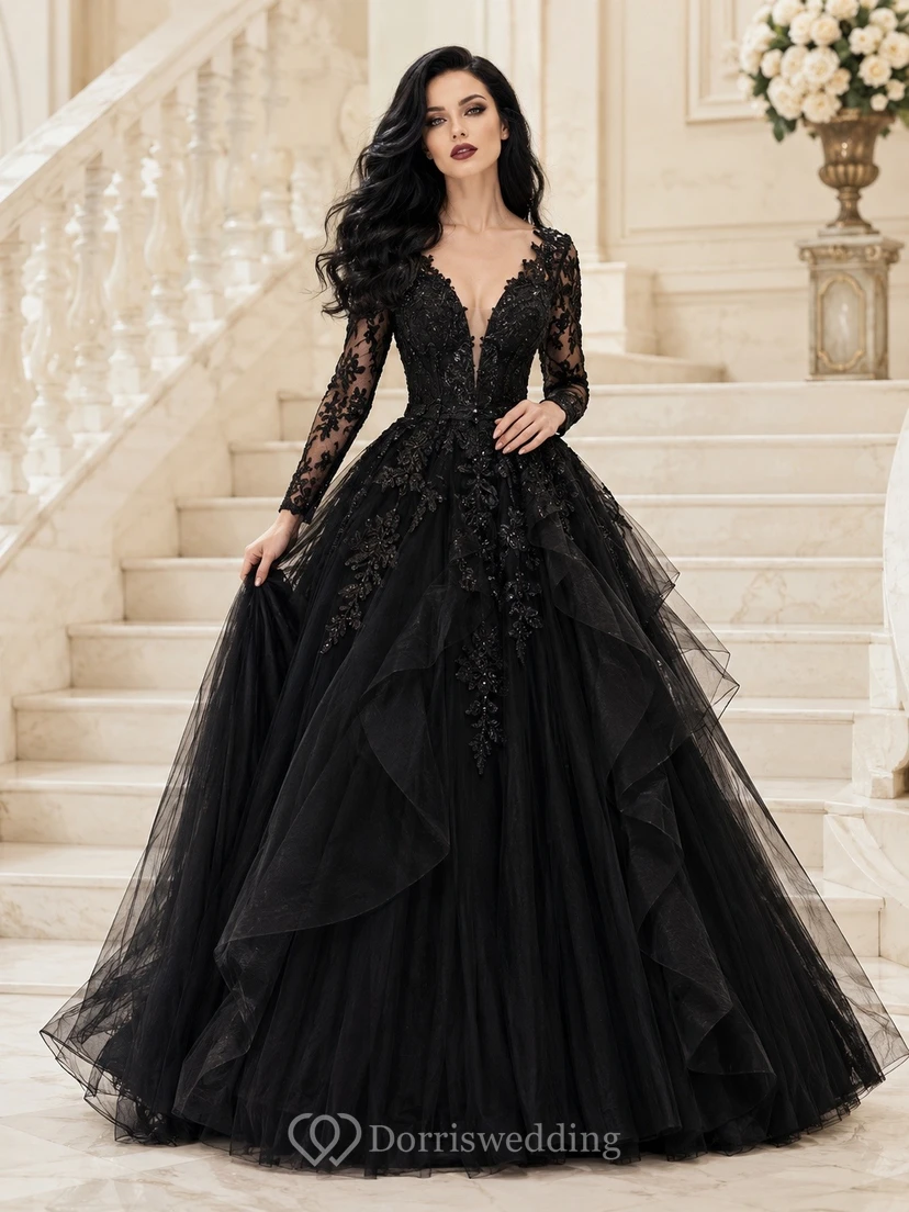 Black V-Neck Long Sleeve Lace Tulle Ball Gown Floor-Length Prom Dress