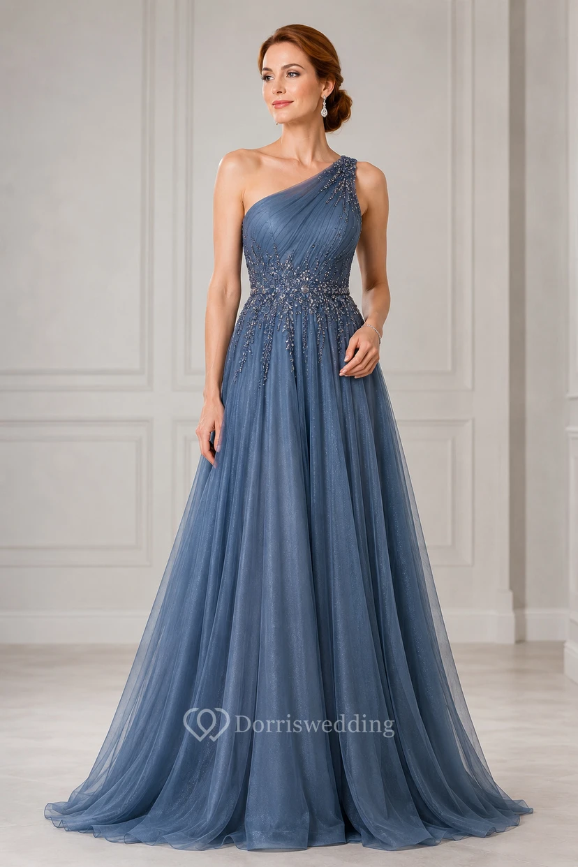 Slate Blue One-Shoulder Tulle A-Line Formal Dress with Beaded Waist