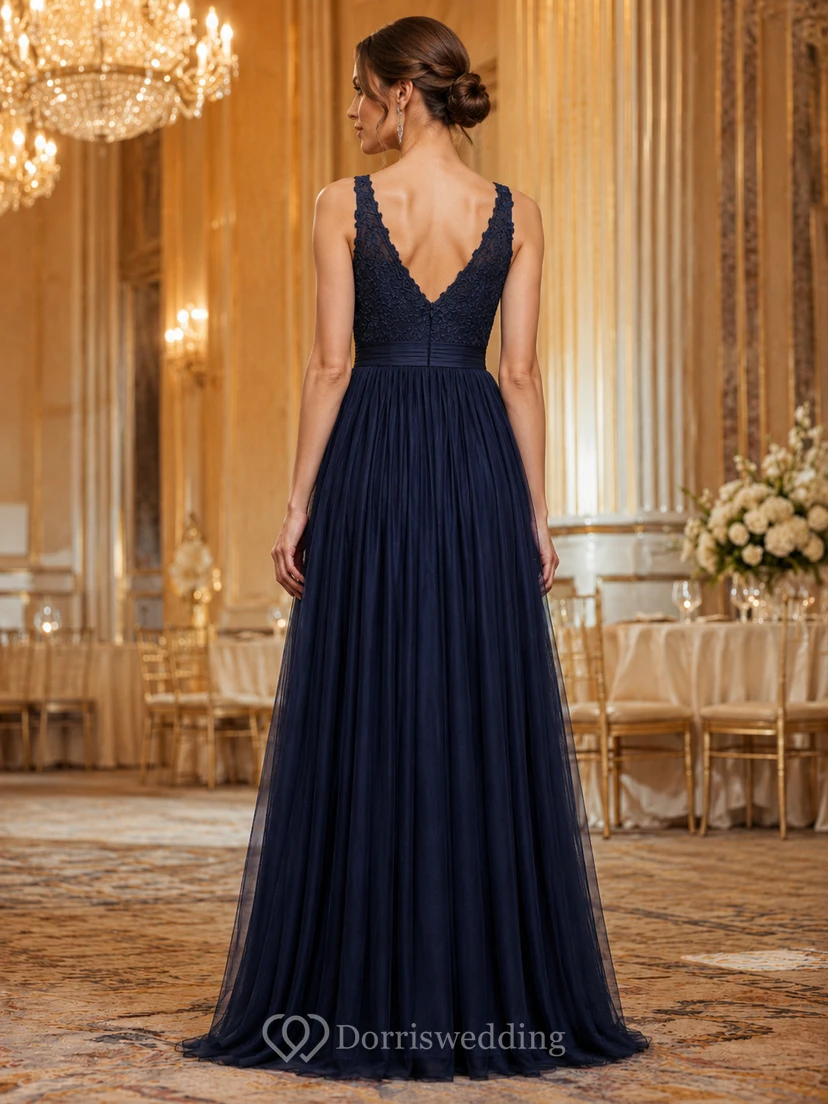 Banquet Dark Navy Lace V-Neck Tulle A-Line Formal Gown view 2