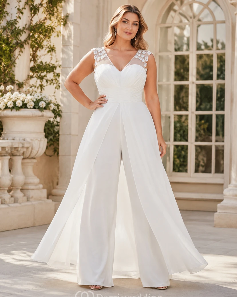 Romantic V-Neck Bridal Jumpsuit with Floral Shoulder Appliqués & Ruched Bodice view 5