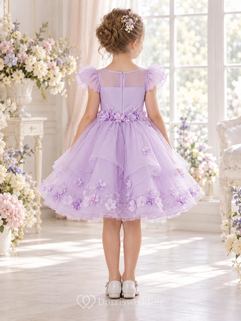 Lavender Flutter Sleeve Floral Tiered Knee-length Organza Flower Girl Dress view 2