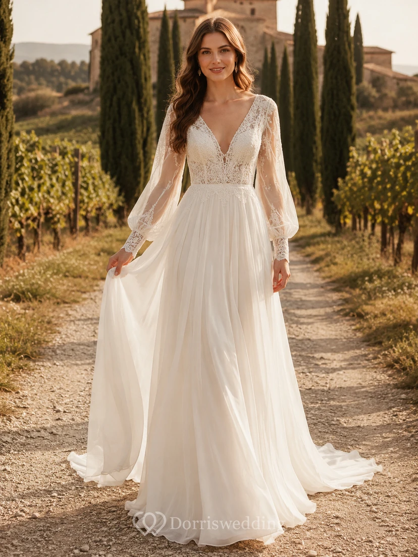 Boho-Hochzeitskleid aus Chiffon mit V-Ausschnitt und Bischofsärmeln im Weinberg-Stil