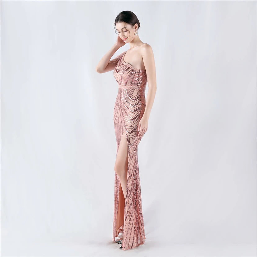 Positioning Flower Beaded Craft Beaded One-Shoulder Oblique Collar High Slit Evening Dress view 14