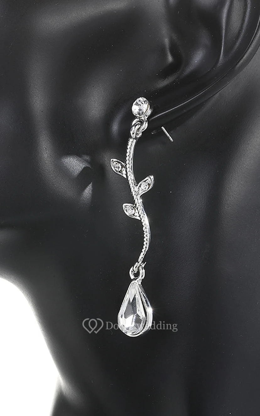 Modern Leaves and Pear Shape Rhinestone Necklace and Earrings Jewelry Set view 2
