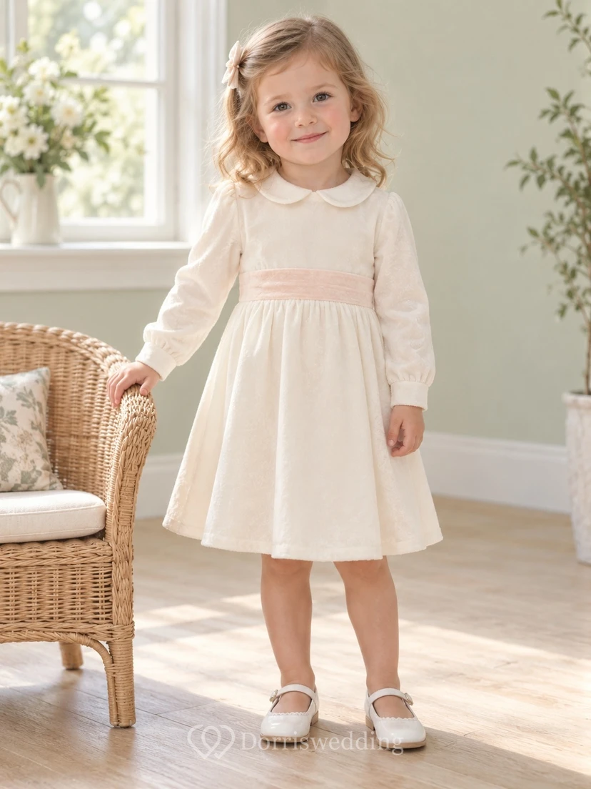 Simple Modest Long Sleeve Ivory Knee Length Narrow Peach Band Collared Flower Girl Dress