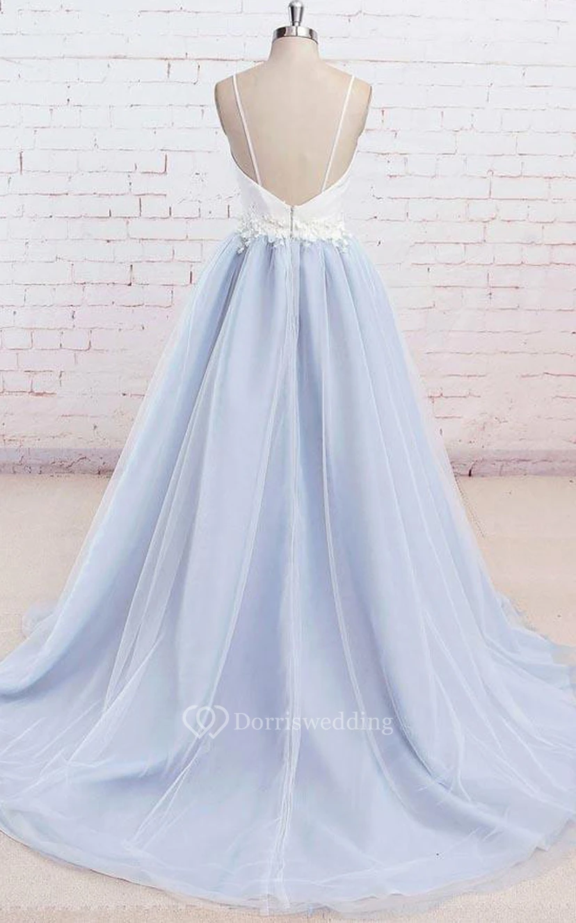 Satin Tulle Floor-length Brush Train A Line Sleeveless Casual Prom Dress with Appliques view 2