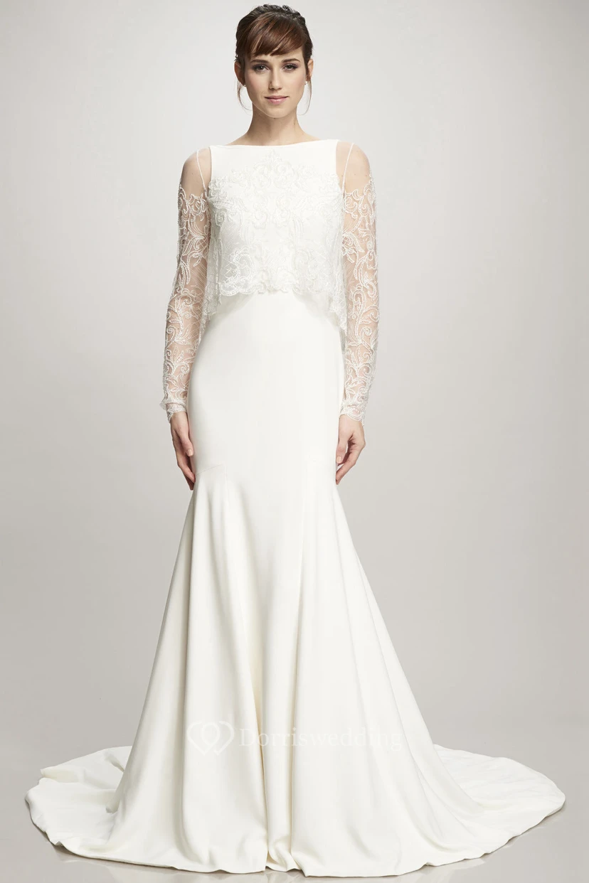 Sheath High Neck Illusion-Sleeve Jersey Wedding Dress