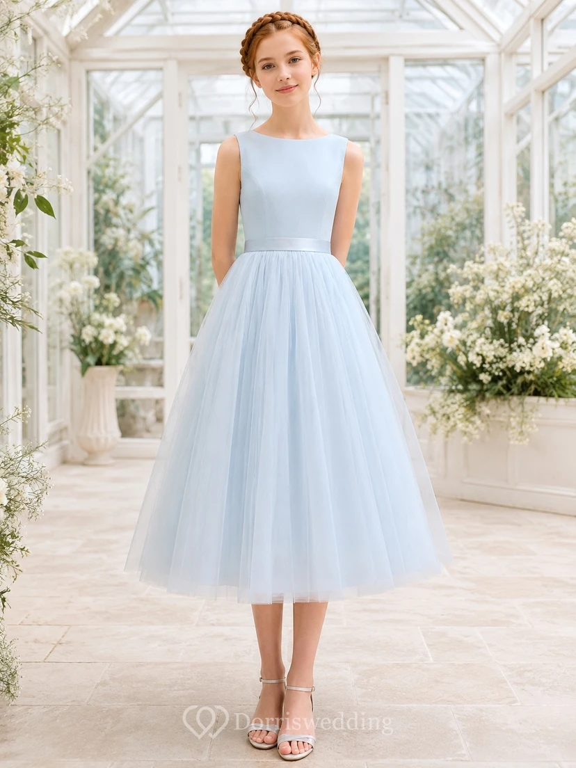 Brautjungfernkleid „Mist Junior“ – A-Linie, Teelänge, U-Boot-Ausschnitt, ärmellos, voluminöser Rock, romantisch