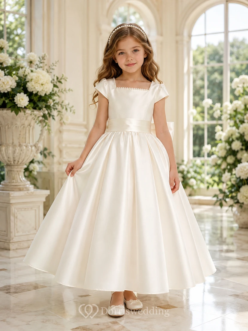 Blumenmädchenkleid aus elfenbeinfarbenem Satin, A-Linie, Rundhalsausschnitt, Teelänge, Schleifendetail