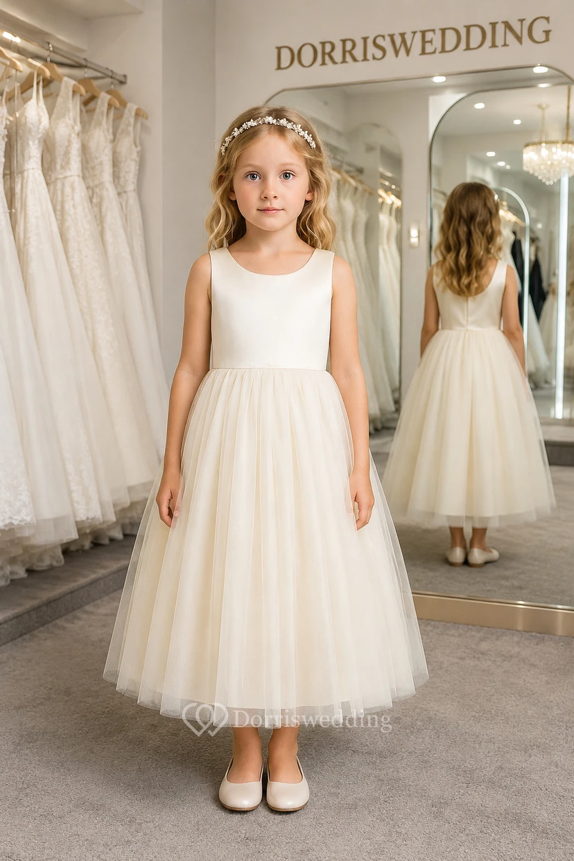Purple Scoop-neck Sleeveless Satin A-line Tulle Flowergirl Dress view 8