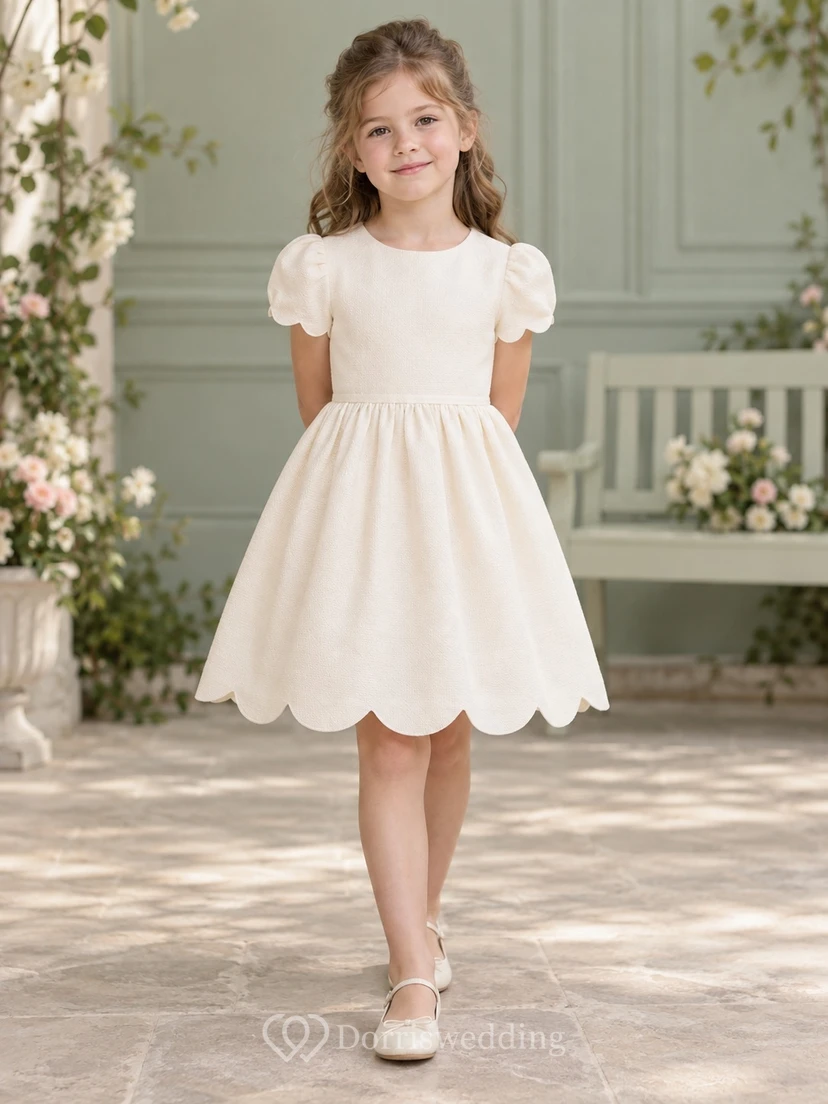 Simple Modest Cream Knee Length Gathered Puff Sleeve Scalloped Flower Girl Dress