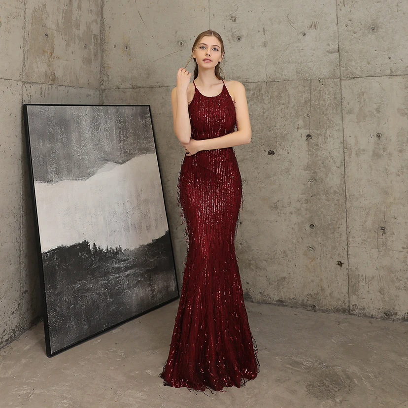 Vestido de noche elegante con borla de hilo de seda de poliéster y lentejuelas estilo cola de pez para banquetes, reuniones y eventos. Ideal para anfitriones. Modelo de coche. Otoño. view 41