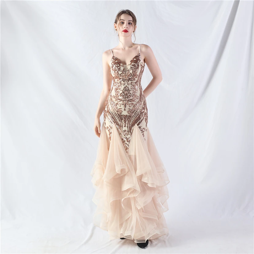 Vestido de actuación para celebración de baile caliente con cuentas de flores y posicionamiento de red rígida. view 38