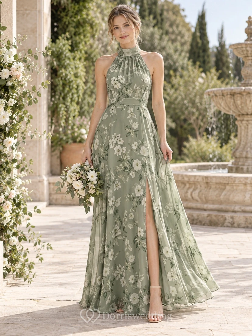 Sage Botanical Print Halter High-Neck Sleeveless Side-Slit Floor-Length Chiffon Bridesmaid Dress view 2