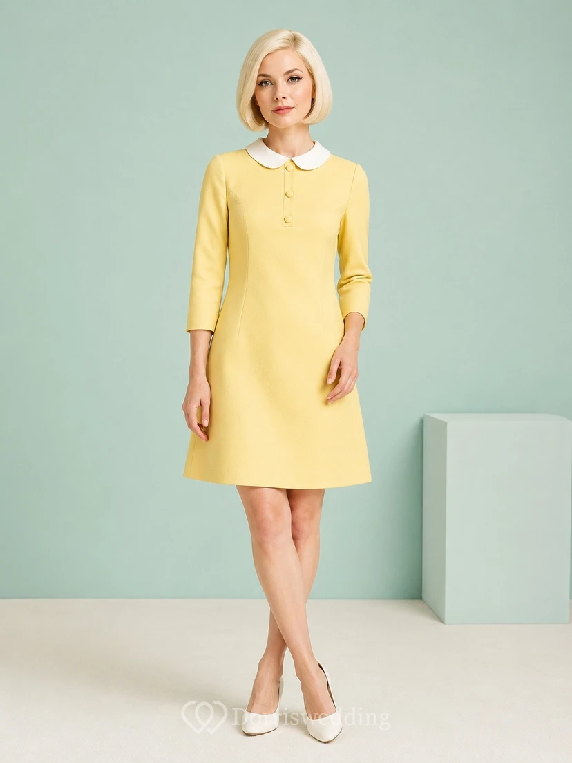 Robe courte trapèze jaune à col rond et manches trois-quarts