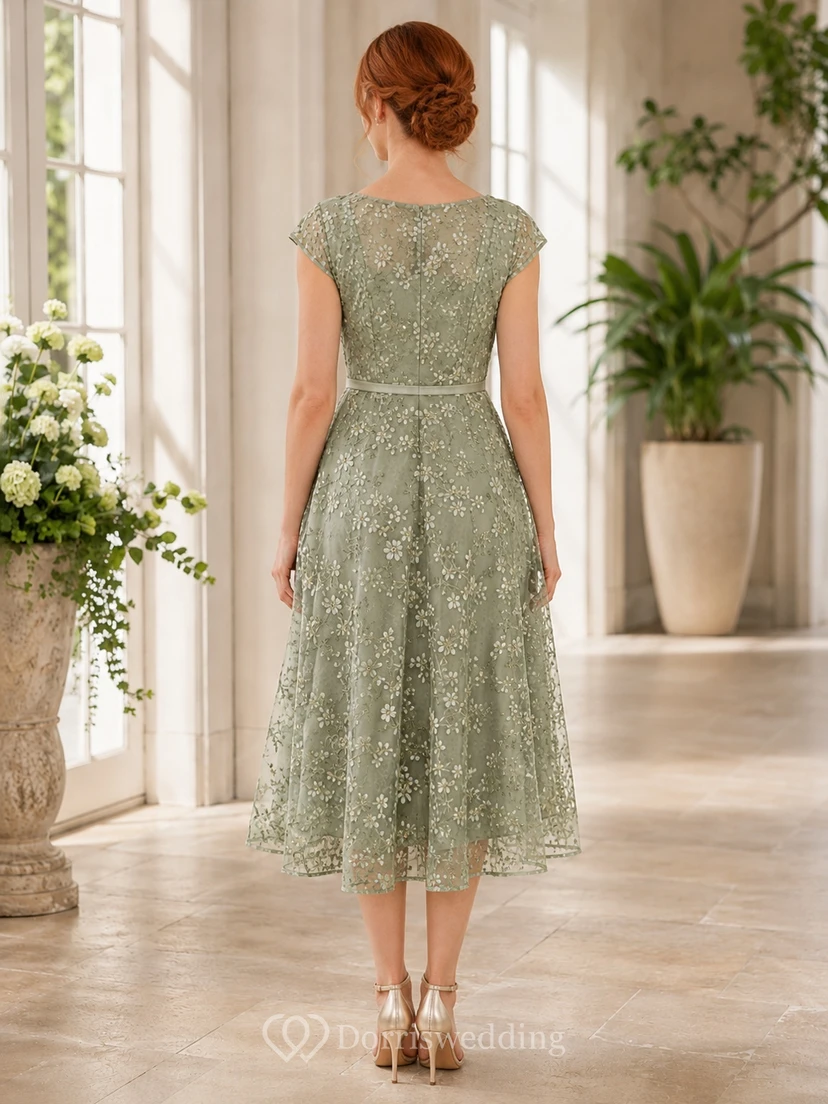 Romantic Sage Bateau Cap Sleeve Lace A-Line Tea-Length Garden Formal Dress view 2