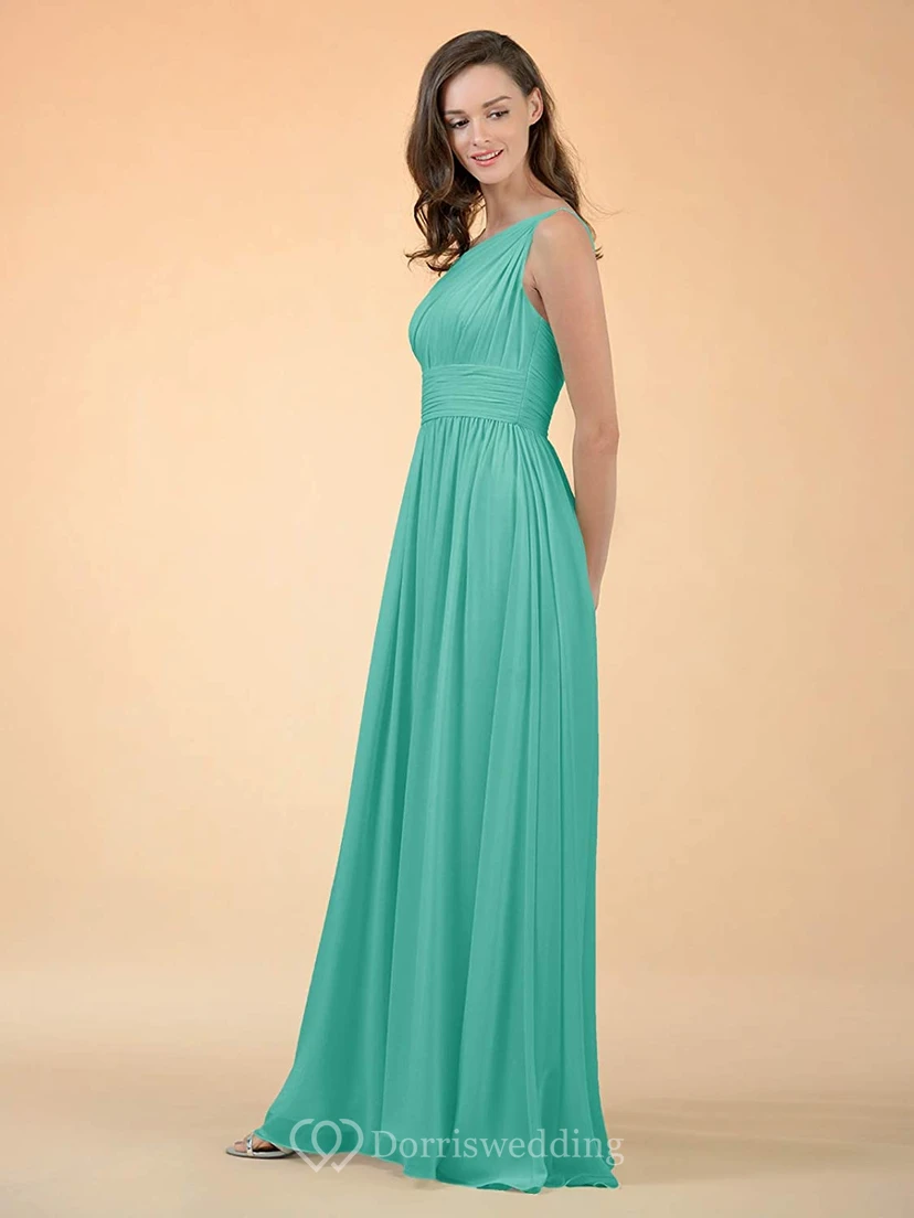 Simple One-shoulder A Line Sleeveless Floor-length Chiffon Bridesmaid Dress With Ruching view 6