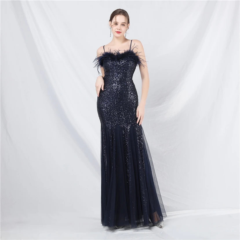 Craft Ostrich Feather Mesh Sequined Long Evening Dress view 37
