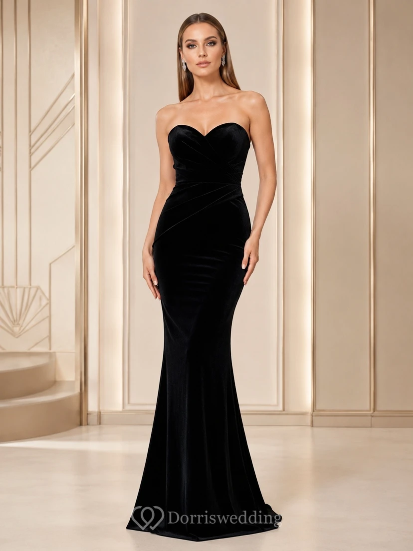 Black Mermaid Elegant Formal Evening Strapless Velvet Floor Length Gown